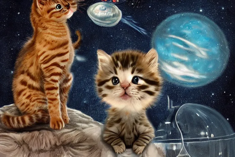 Image similar to tiny kitten meets a colossal space monster, sci-fi horror art, cute