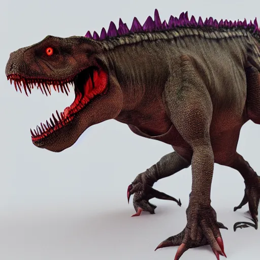 Image similar to Realistic, high quality photograph of a angry, demonic T-Rex standing close to camera in the style of devilcore, gorecore, 3D render, blender render, realistic skin, twilight, glows, detailed, studio quality, HD image,