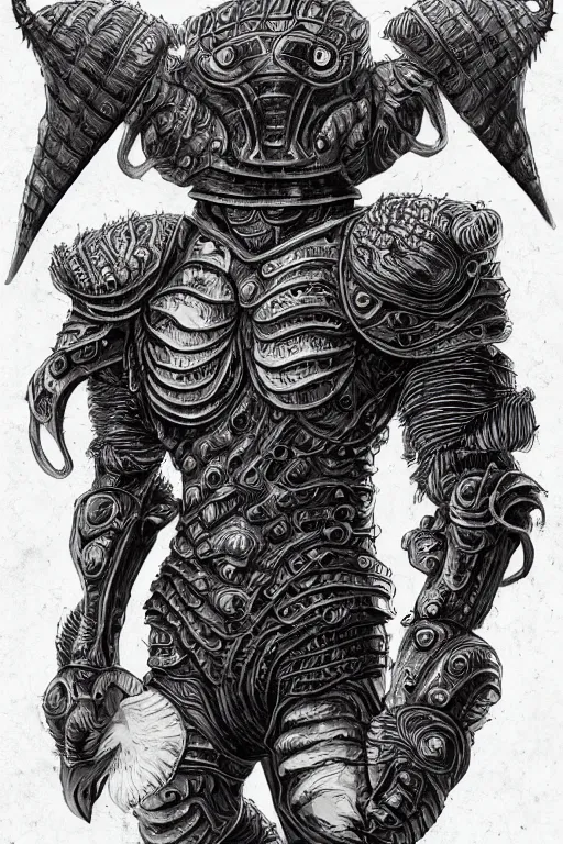 Image similar to armoured warrior oyster humanoid monster, symmetrical, highly detailed, digital art, clam themed armour, sharp focus, trending on art station, ambient lighting, kentaro miura art style