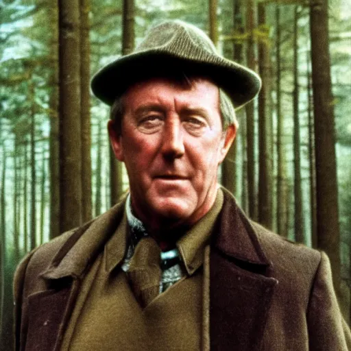 Image similar to John Nettles as DCI Tom Barnaby standing in a sunny forest clearing.