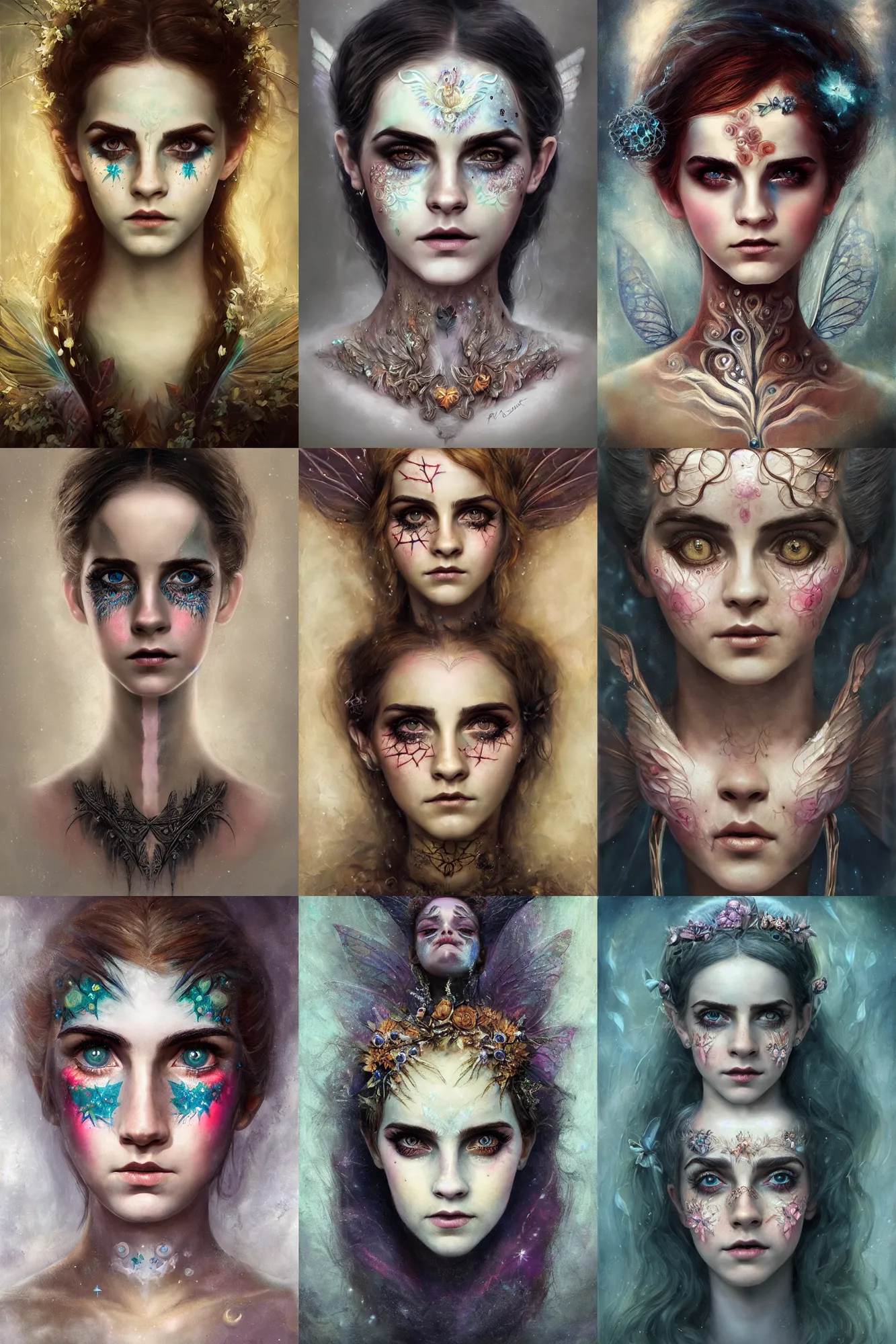 Prompt: portrait of startled scared surprised fairy, her eyes are filled with fear, symmetric, facepaint facepaint facepaint, intricate jewelry, trending on artstation 4 k, in the style of karol bak and tom bagshaw, bust with face of emma watson