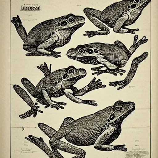 Image similar to full page antique lithograph blueprint of frogs, White background, art print, clean brush stroke