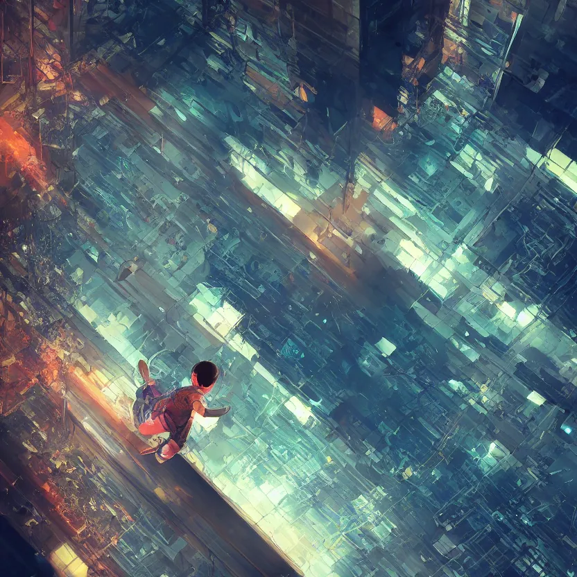 Image similar to An ultra-high resolution photograph of a kid in an elevator mid air, sci-fi, fututistic, by Yoshitaka Amano and Alena Aenami, Trending on Artstation, nvidia, matte painting, unreal enginqe