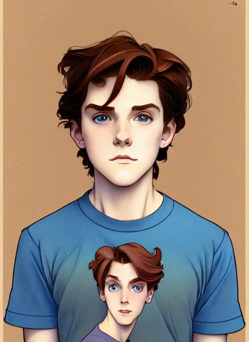 Image similar to art nouveau portrait of a teen boy with completely straight auburn hair, light blue eyes, pale skin, freckles, sad expression, t - shirt, modern casual clothing, natural lighting, path traced, highly detailed, high quality, cartoon, digital painting, by don bluth and ross tran and studio ghibli and alphonse mucha