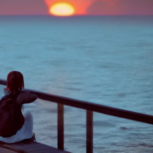 Prompt: max caulfield watching sunset on the sea, realistic, serene, cinematic