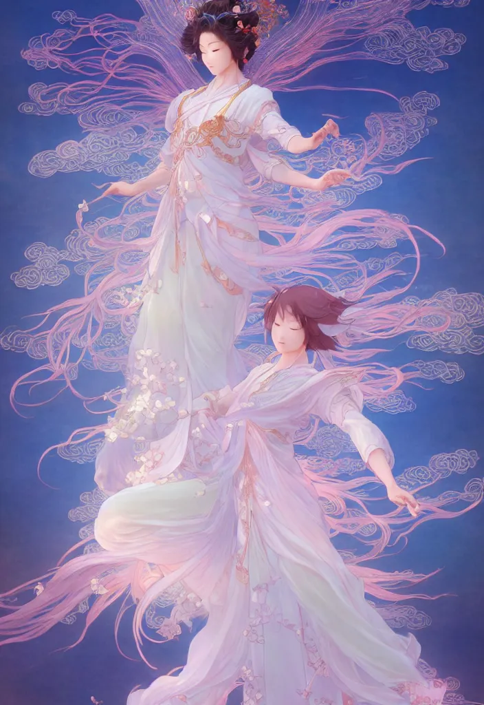 Image similar to glowing cloud, chinese taoist fairy goddess. hyper detailed, character concept, full body, dynamic pose, intricate, lineart, cerpuscular rays, lily flowers. by yoshitaka amano, alfons mucha and makoto shinkai. 8 k