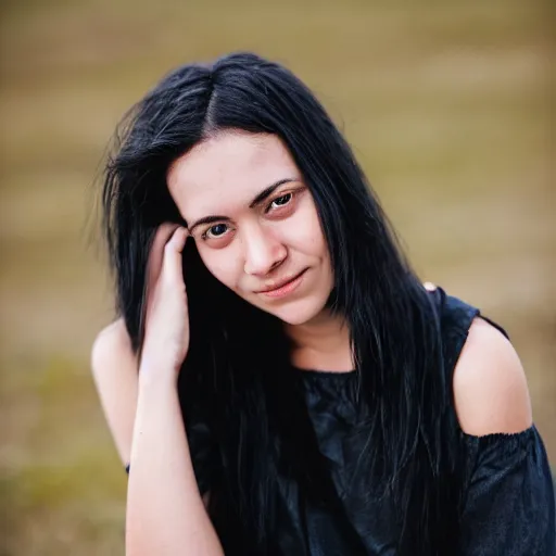 Image similar to young woman with shoulder - length messy black hair, slightly smiling, 1 3 5 mm nikon portrait