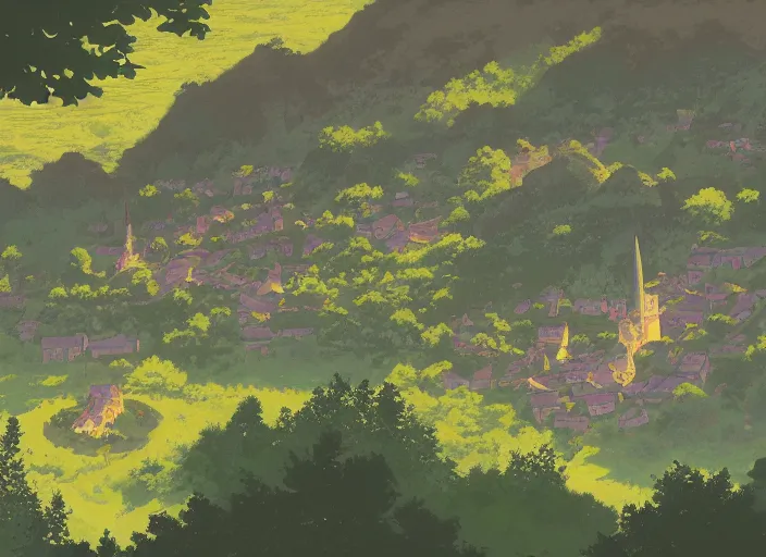 Image similar to concept art painting of a distant small woodland village by a river in a mountain valley seen from above, midnight, european japanese buildings, cel shaded, realistic, by makoto shinkai and moebius and anton fadeev and greg rutkowski and james gurney