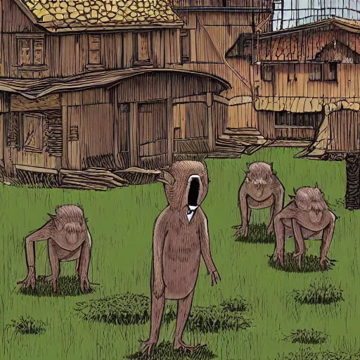 Image similar to a giant capybara zombie behind a village, digital drawing, manga style, by junji ito