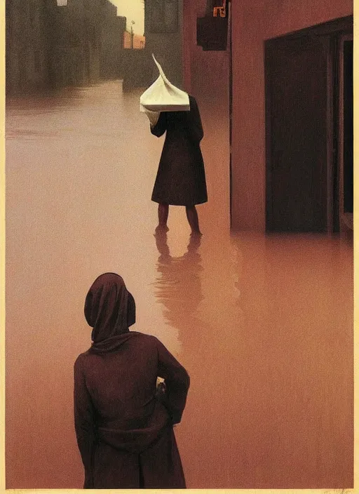 Prompt: woman in paper bag over the head on flooded street Edward Hopper and James Gilleard, Zdzislaw Beksinski, highly detailed