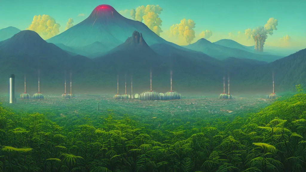 Image similar to Nuclear Nature Solarpunk harmony; the mountains and city of Quito are towered over by giant nuclear power plants covered with foliage; by Simon Stålenhag, oil on canvas; Art Direction by James Cameron; 4K, 8K; Ultra-Realistic Depth Shading