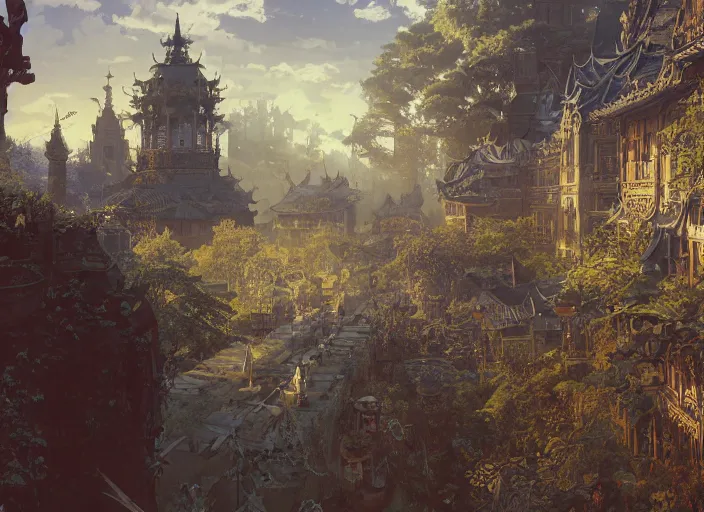 Image similar to highly detailed leipzig, undead land, stephen bliss, unreal engine, wuxia art by greg rutkowski, loish, rhads, ferdinand knab, makoto shinkai and lois van baarle, ilya kuvshinov, rossdraws, tom bagshaw, alphonse mucha, global illumination, radiant light, detailed and intricate environment