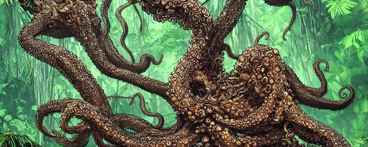 Image similar to A large octopus-like creature swinging between trees in a jungle, intricate, elegant, highly detailed, smooth, sharp focus, detailed face, high contrast, dramatic lighting, graphic novel, art by Ardian Syaf and Pepe Larraz,