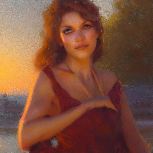 Prompt: elegant woman by the river, sunset, detailed face, correct face, painting by Gaston Bussiere, Craig Mullins