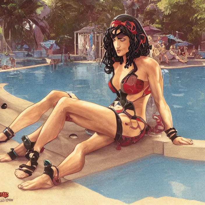 Prompt: young woman sitting by the pool from the movie bill & ted's excellent pool party, fractal cyborg ninja, 8 k, realistic, highly detailed, art by todd mcfarlane, artgerm, greg rutkowski, alphonse mucha