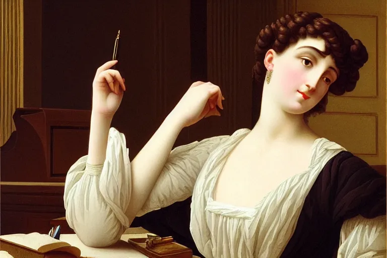 Prompt: georgian dress, directoire style, regency, empire silhouette, lady writing at her desk by vittorio reggianini, bright lighting, perfectly detailed eyes, beautiful hands, pale skin, clear face