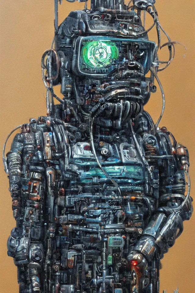 Prompt: a striking oil on canvas portrait of a cybernetic cyberpunk eurorack dwarf with cable beard in the style of Brom