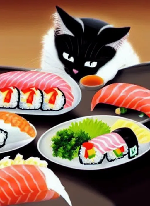 Image similar to clear photorealistic picture of adorable cats eating sushi
