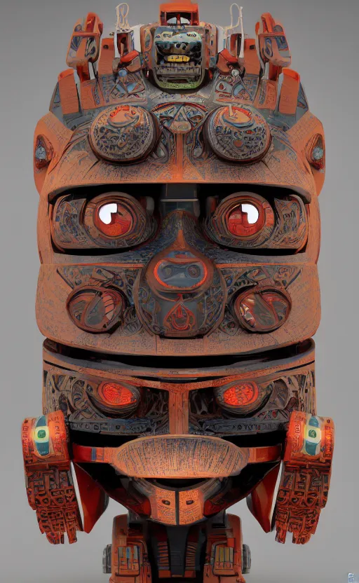 Image similar to robot wearing a tribal mask, japanese pottery, vivid colors, wood, metal, intricate details, trending on cgsociety, concept art, glowing eyes, sharp focus, ultra realistic details, cinematic atmosphere, global illumination, shadows, octane render, 8 k