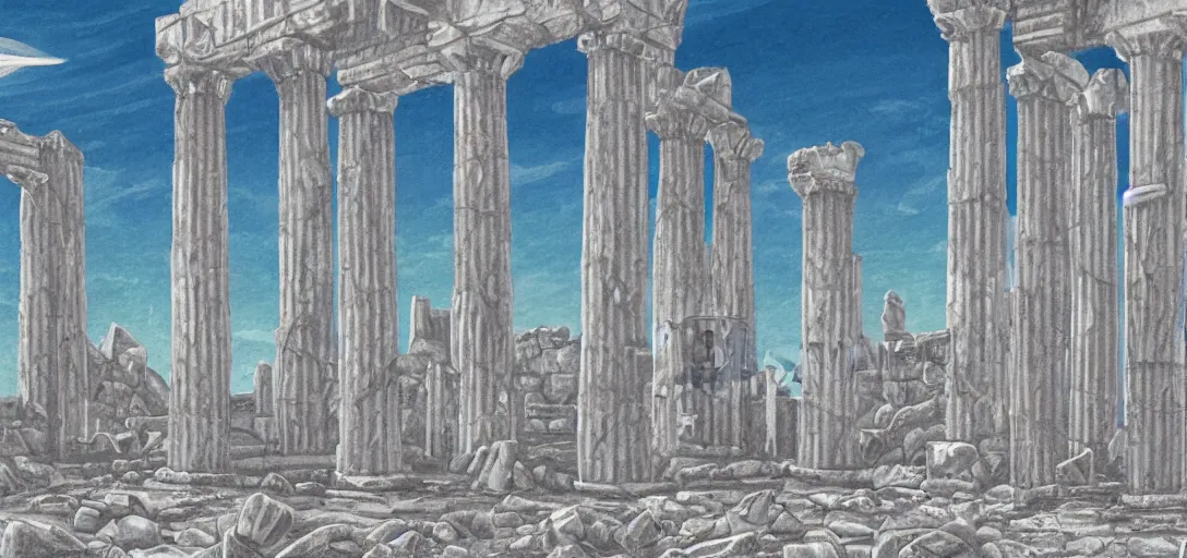 Image similar to The ruins of the Silver Millennium on the moon from Sailor Moon, digital painting, Earth in the distance, Greek-esque columns and ruins