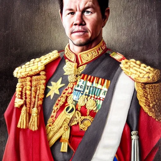 Prompt: official portrait of mark wahlberg as the emperor of vietnam, 1 9 4 5. oil on canvas trending on artstation