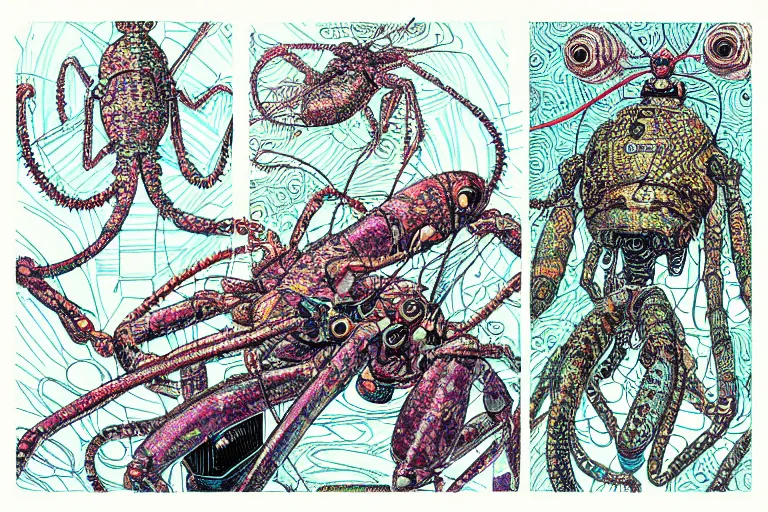 Image similar to risograph grainy drawing vintage sci - fi, satoshi kon color palette, gigantic fat mantis full - body covered with robot parts and wires, with lot tentacles, insects and dragonflies around, painting by moebius and satoshi kon and dirk dzimirsky close - up portrait