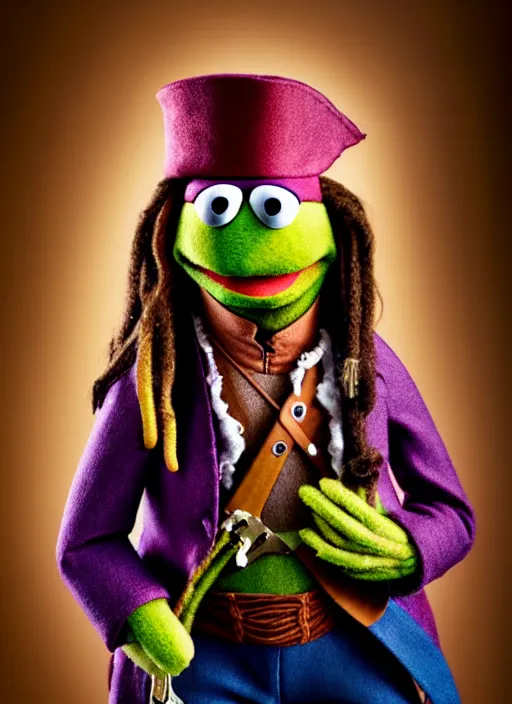 Prompt: studio portrait still of muppet!!!!! captain jack sparrow!!!!!! as a muppet muppet as a muppet, 8 k, studio lighting, key light,