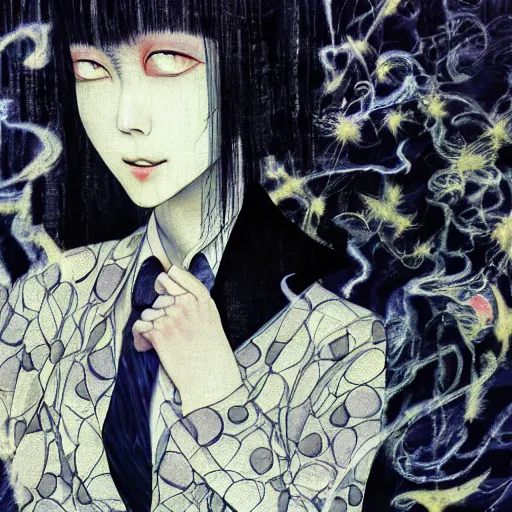 Image similar to yoshitaka amano blurred and dreamy realistic illustration of a woman with black eyes and white hair wearing dress suit with tie, junji ito abstract patterns in the background, satoshi kon anime, noisy film grain effect, highly detailed, renaissance oil painting, weird portrait angle, blurred lost edges, three quarter view