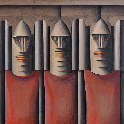 Image similar to three brutalist giant sacred robots visage, portrait, judge, cathedral, dystopian, pj crook, edward hopper, oil on canvas