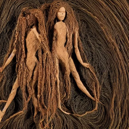 Image similar to dmt bodies. Mesh of human figures intertwined. earthen colors. The medium of this sculpture is human hair. A mess of human hair. Matted hair woven dreadlock sculpture. Tangled splitend hair. barbershop floor. Sculpted of coconut fibers. Surreeal fibrous art. Designed by August Rodine.