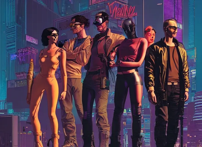 Image similar to cyberpunk heist crew. portrait by stonehouse and mœbius and will eisner and gil elvgren and pixar. character design. realistic proportions. dystopian. cyberpunk 2 0 7 7, apex, blade runner 2 0 4 9 concept art. cel shading. attractive face. thick lines. hi def 4 k. the team.