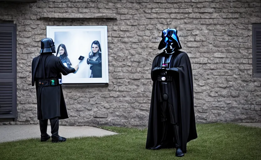 Prompt: Darth sad Looking at a photo of his wife in front of his home, 8k