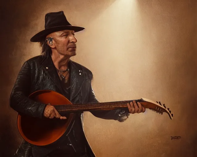 Image similar to 5 5 mm portrait photo of vasco rossi playing the lute. magical atmosphere. art by greg rutkowski. highly detailed 8 k. intricate. lifelike. soft light. nikon d 8 5 0.