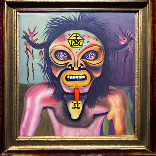 Image similar to portre of an autistic demon on acid, masonic and kabalistic symbols in background, oil painting