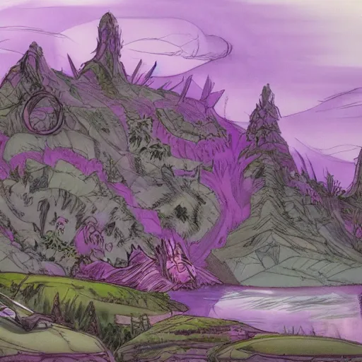 Prompt: The Purple People Eater :: extremely detailed landscape :: concept art by Don Bluth :: a masterpiece by Alan Davis ::