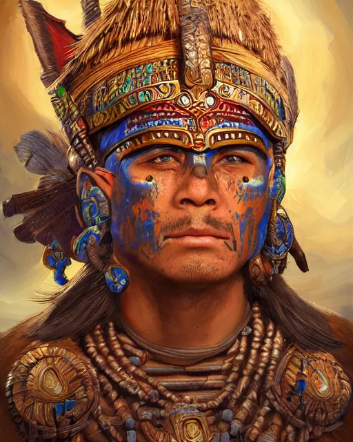 Prompt: digital painting of a mayan warrior by filipe pagliuso and justin gerard, symmetric, fantasy, highly detailed, realistic, intricate, portrait, sharp focus