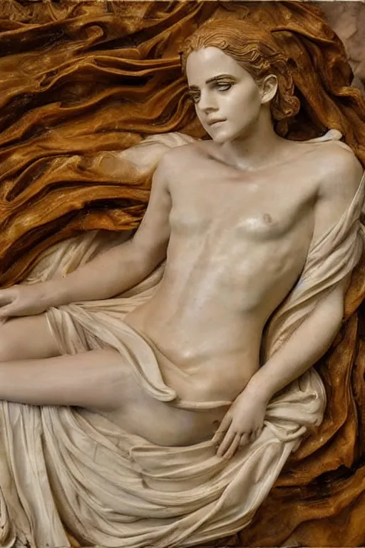 Prompt: A beautiful oil painting of a Emma Watson Ancient Greek Marble Sculpture of a Greek Goddess lying on a silk cloth, fog, volumetric lighting, summer, hyperrealistic, hyperdetailed.