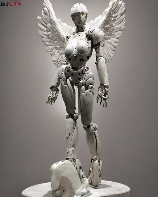 Image similar to marble sculpture of beautiful female angel with solarpunk mecha humanoid robotic parts with bright led lights, pudica pose gesture, by michelangelo, in white museum, ultra - realistic and intricate, hdr 8 k