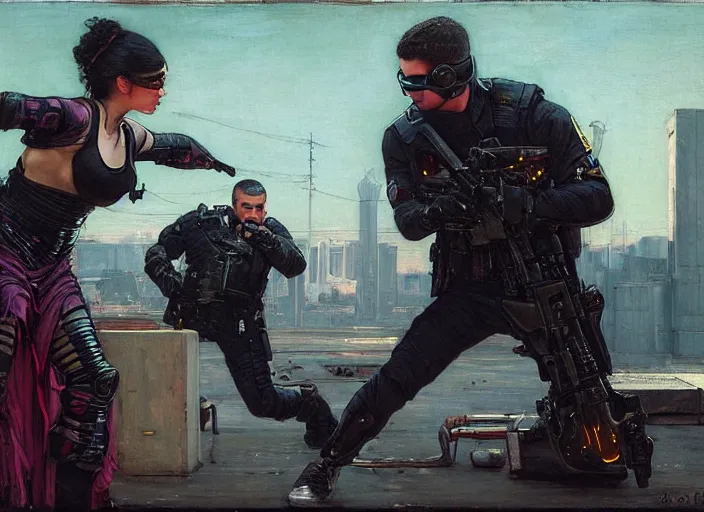 Image similar to Sophia evades sgt Griggs. Athletic Cyberpunk hacker defeating Menacing Cyberpunk police trooper griggs. (dystopian, police state, Cyberpunk 2077, bladerunner 2049). Iranian orientalist portrait by john william waterhouse and Edwin Longsden Long and Theodore Ralli and Nasreddine Dinet, oil on canvas. Cinematic, vivid colors, hyper realism, realistic proportions, dramatic lighting, high detail 4k