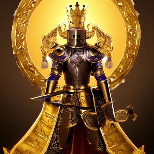 Image similar to a highly detailed knight with glowing purple eyes in a golden helmet and a golden crown with a diamond in the center, golden armor, leather clothes under the armor, leather gloves, holds a black sword, artstation, DeviantArt, professional, octane render, sunset lighting