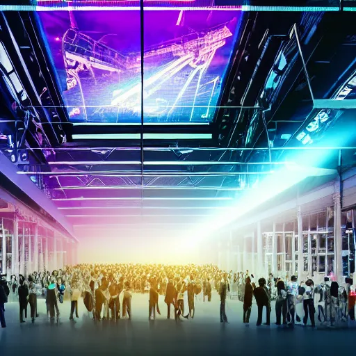 Image similar to large group people in a frame warehouse, looking at hologram of futuristic city on a table, cinematic concept art, godrays, golden hour, natural sunlight, 4 k, clear details, tabletop model buildings, tabletop model, hologram center, crane shot, crane shot, crane shot