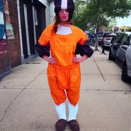 Prompt: cute chick dressed as an inmate, campau mike style