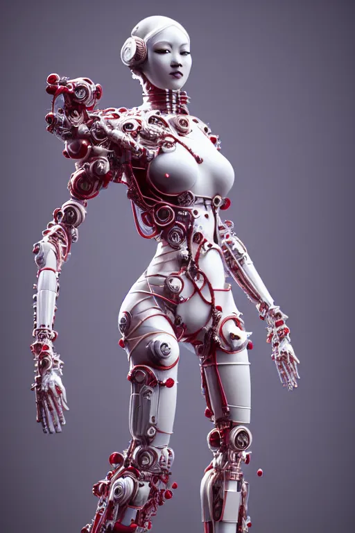 Image similar to a statue made of red marble, of an beautiful chinese girl, full body shot, perfect body, white biomechanical, inflateble shapes, wearing epic bionic cyborg implants, masterpiece, intricate, biopunk futuristic wardrobe, vogue, highly detailed, artstation, concept art, background galaxy, cyberpunk, octane render