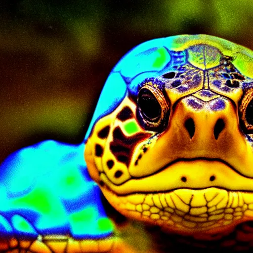 Image similar to turtle portrait, 8 0 s synch, wave, neon