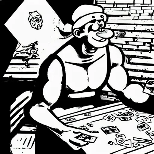 Prompt: “ popeye the sailor man playing a table top fantasy card game, pop art, comic, cartoon, shading, halftones ”