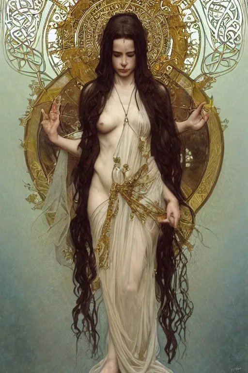 Prompt: a full body portrait of a beautiful ethereal delicate celtic mage queen meditative sacral pose catholic stages of the cross, intricate, elegant, highly detailed, digital painting, artstation, concept art, smooth, sharp focus, illustration, art by krenz cushart and artem demura and alphonse mucha