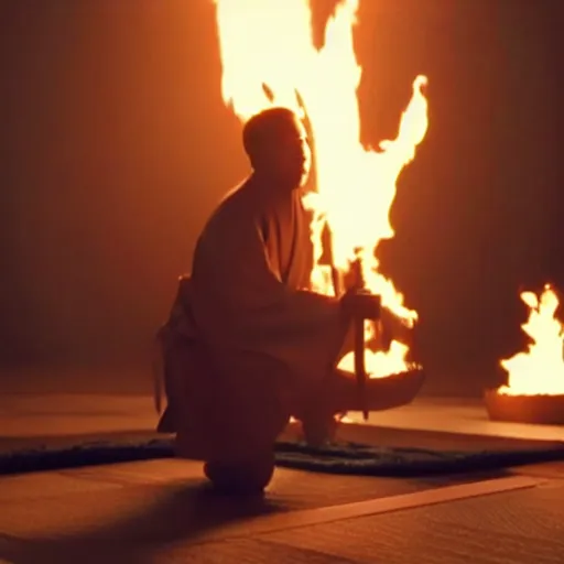 Prompt: cinematic film still of Kanye West starring as a Japanese Sensei with fire, Japanese CGI, VFX, 2003, 40mm lens, shallow depth of field, film photography