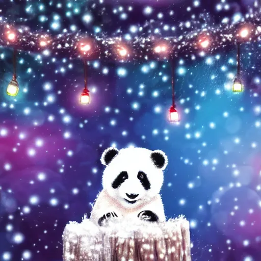 Image similar to cute fluffy white baby panda cub sitting in snowy winter christmas tree landscape with holiday lights detailed painting 4k