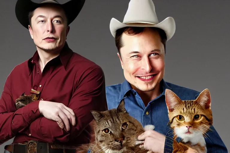 Prompt: apple dressed as cowboy costume, dog and cat, elon musk modeling with steve jobs