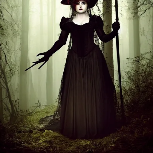 Prompt: stunning full body baroque portrait, pale vampiric gaunt woman Helena Bonham Carter in mourning veil wearing a industrial victorian dress, symmetrical face symmetrical eyes, in a forest surrounded by dark hanging trees, sinister, priestess, witch, wicked, villain, detailed, atmospheric, dark gothic color scheme, cinematic, desaturated, 8K matte, rendered in octane